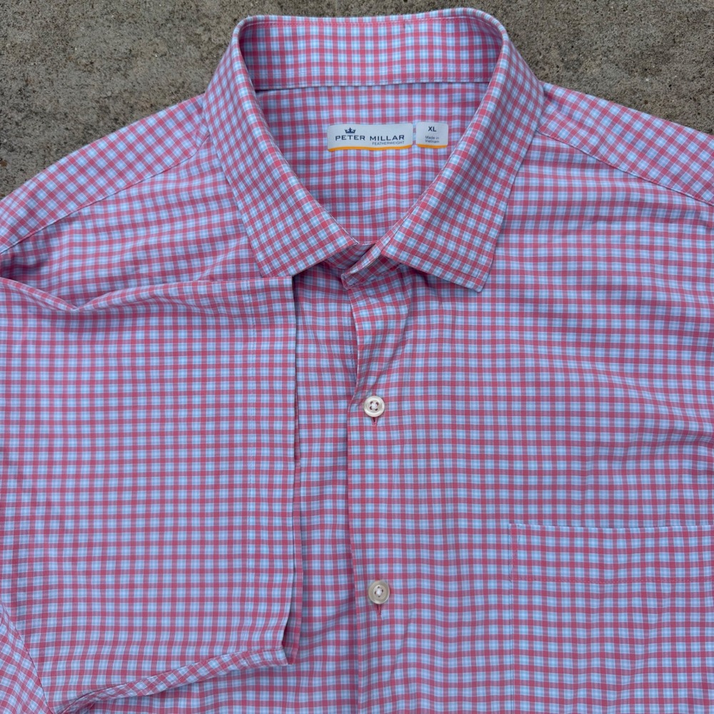 Peter Millar | Featherweight Performance Shirt Modern Pink Gingham Mens XL Golf